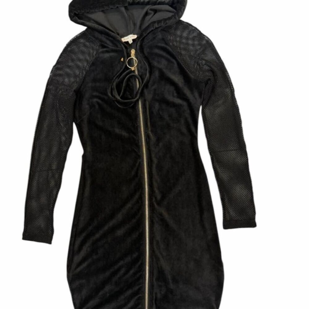 Main Strip Black velvet mesh zip up mini dress with hood